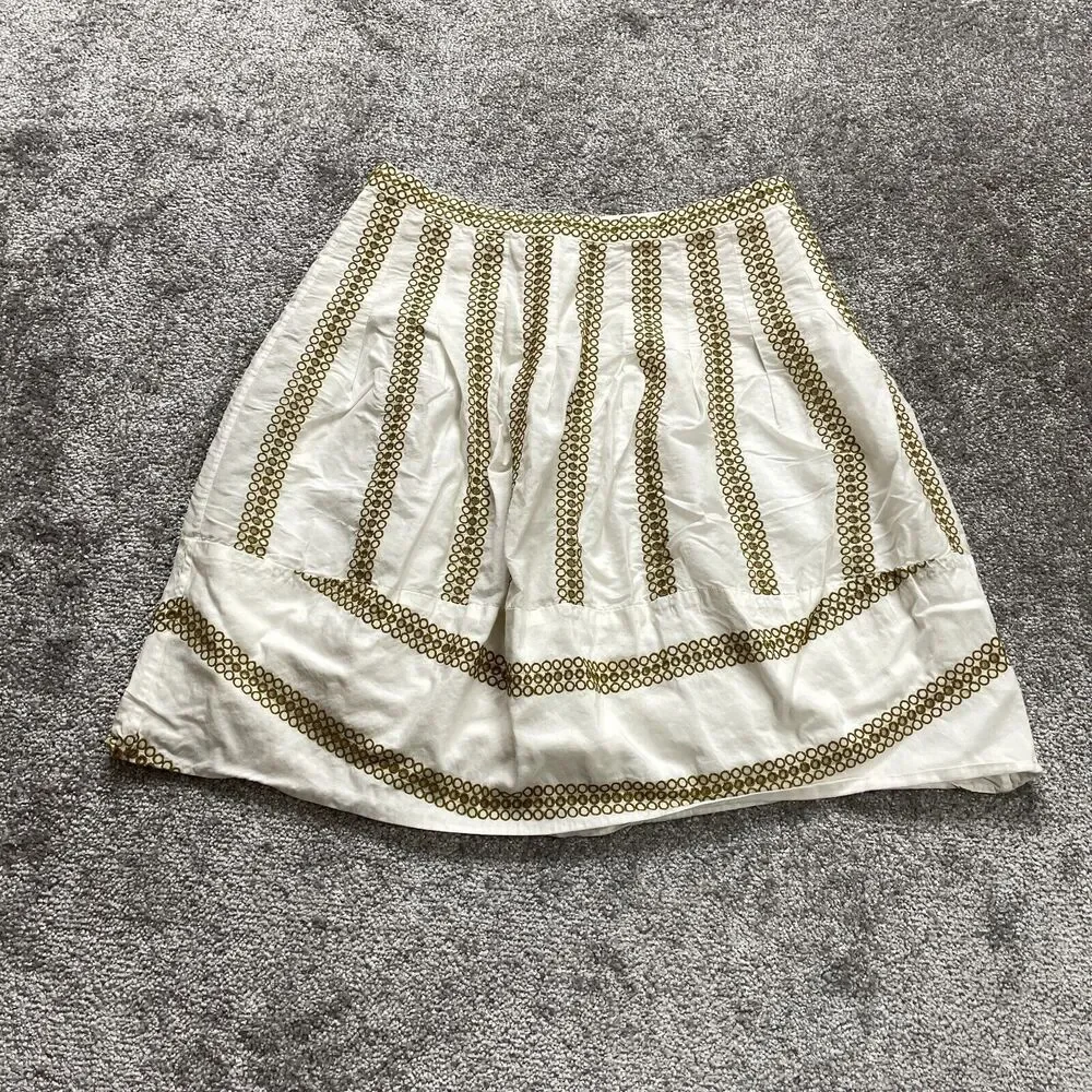 BCBGMAXAZRIA Skirt Womens 4 White A Line with Brown Embroidered Rings Silk Blend